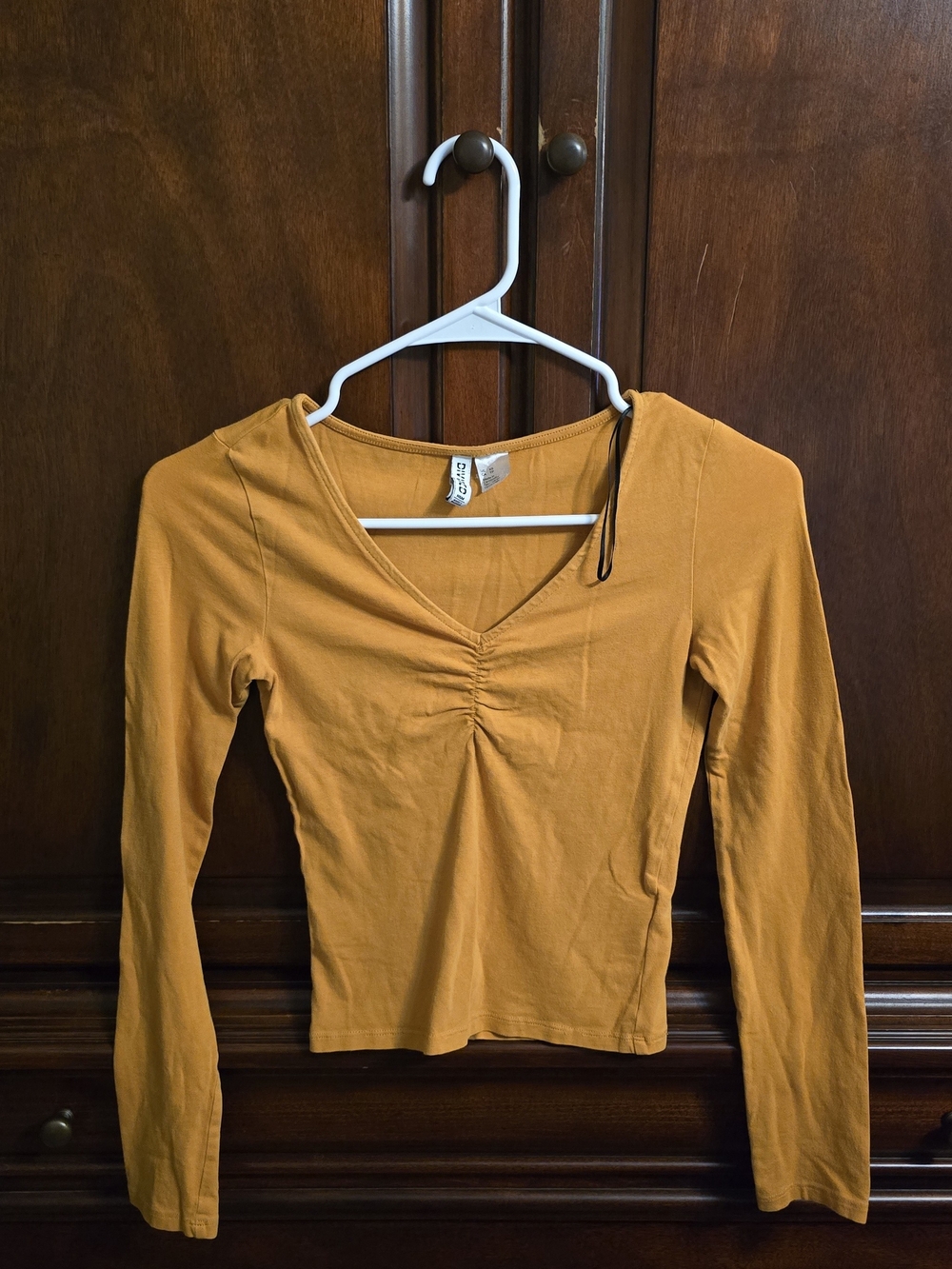 H&M Mustard V-Neck Long Sleeve Ruched Top